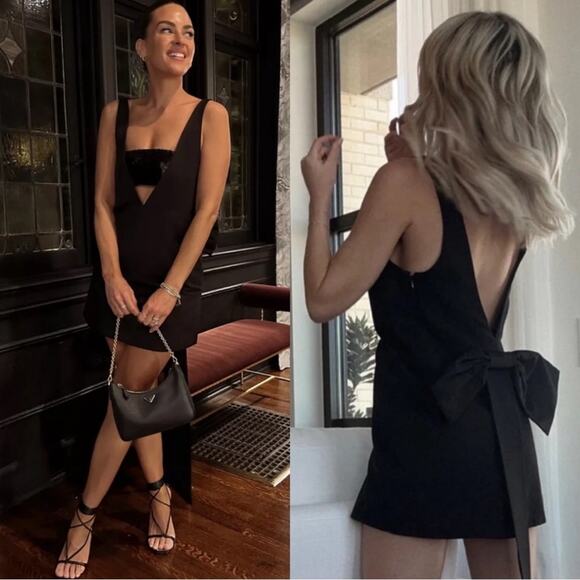 STAUD Irie Plunging V-Neck Oversized Bow Back Mini Dress Size Medium Black